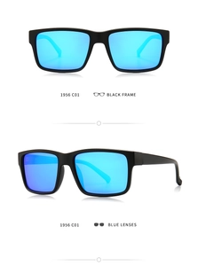 Detail view of model 1956 C01 square black frame sunglasses with blue mirror lenses