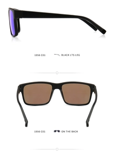 Detail view of square polarized sunglasses with purple coating and brown tint lenses