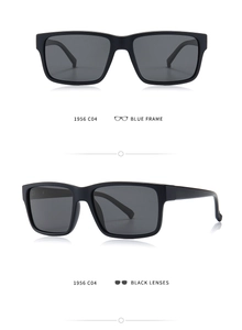 Detail view of model 1956 C04 blue matte frame sunglasses with polarized black lenses