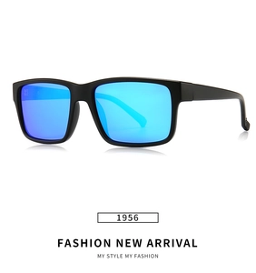 Detail of square polarized sunglasses model 1956 with blue mirrored lenses and TR frame