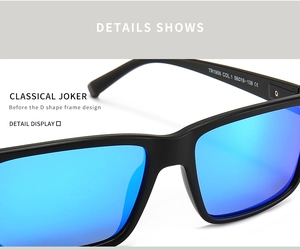 Close-up of TR1956 polarized sunglasses featuring blue mirror lenses and CE certification mark
