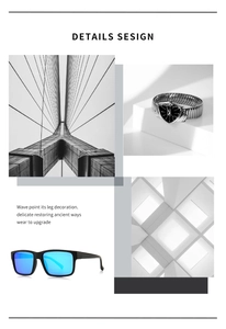 Detail view of blue polarized square sunglasses and a triangular metal watch for men