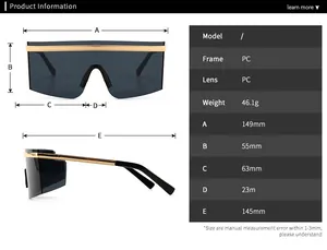Detailed size specification chart for oversized shield sunglasses with dimensions