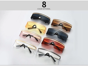 Detailed display of eight color options for oversized shield sunglasses with metal frames