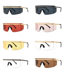 Multiple color variations of retro oversized shield sunglasses with sleek metal frames