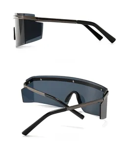 Side and back view of modern shield sunglasses with grey lenses and silver metal temples