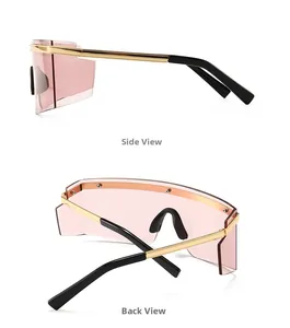 Detail view of pink lens shield sunglasses with golden metal frame side and back display