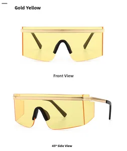 Front and 45-degree side view of oversized gold shield sunglasses with yellow lenses