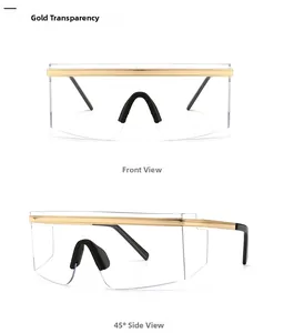 Front and 45-degree angle views of gold and transparent mask-style oversized sunglasses