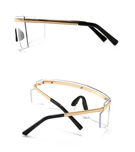 Detailed side and back views of large mask-style gold metal frame oversized sunglasses
