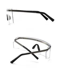 Detail view of oversized shield sunglasses with side protection and metal temple