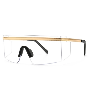 Modern shield-style flat top sunglasses with clear lens and gold metal bridge detail