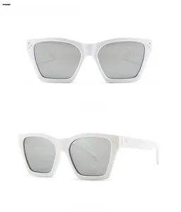 Front and 45-degree side view of white frame sunglasses with silver mirrored lenses