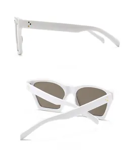 Detailed side and back views of white frame sunglasses with iconic triple gold rivets