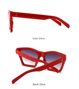 Detail view of retro red sunglasses with purple gradient lenses and gold rivets