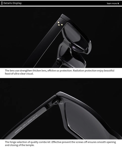 Detailed close-up of triple-dot rivets and sturdy hinge on premium black sunglasses