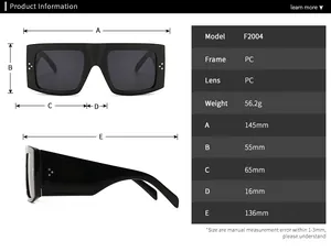 Detailed size chart for vintage oversized sunglasses F2004 with precise dimensions