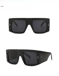 Front and side macro views of black square flat top sunglasses with triple rivet details