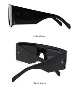 Detail of black square sunglasses with wide temples and three metal rivets on the side