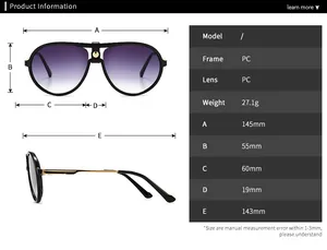 Size chart showing dimensions for classic aviator sunglasses with PC frame and purple lens