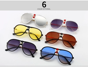 Detail view of aviator sunglasses in 6 colors with leather bridge and gold rivets