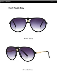 Classic aviator sunglasses featuring black frames and gold metal temples in two angles