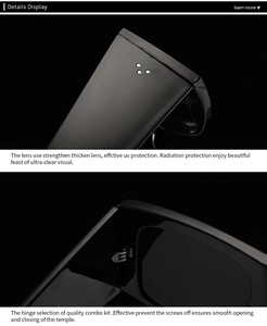 Detail of high-quality hinges and UV-protective thick lenses on black square sunglasses