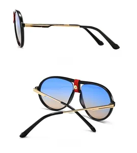 Detailed side and back views of pilot sunglasses with blue gradient lenses and gold metal temples