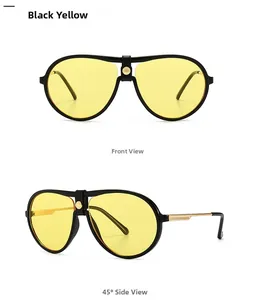 Classic pilot sunglasses with black frame and yellow tinted lenses, front and side views
