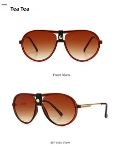 Detail view of aviator sunglasses featuring tea gradient lenses and gold button accents