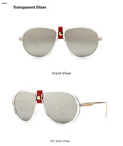 Classic aviator sunglasses with silver mirrored lenses and red leather bridge detail