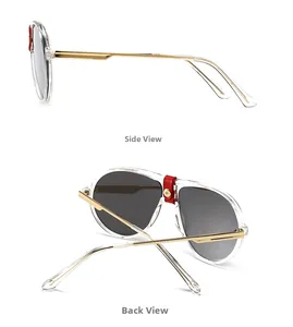 Classic aviator sunglasses detail with red leather bridge and gold rivet accents