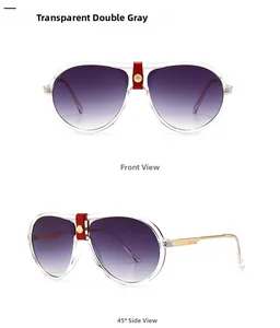Detail of pilot sunglasses with transparent frames and purple gradient lenses