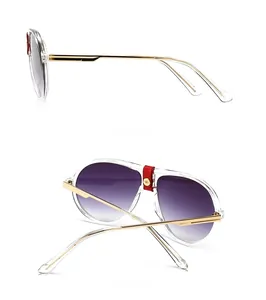 Detailed side and back views of pilot sunglasses with purple gradient lenses