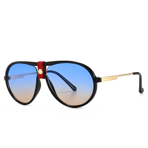 Classic pilot sunglasses with black frames and blue-orange gradient lenses in 45-degree view
