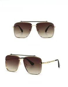 Front and side view of gold metal sunglasses with vintage brown gradient lenses