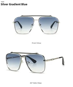 Detail of silver aviator sunglasses featuring a double bridge and gradient blue lenses