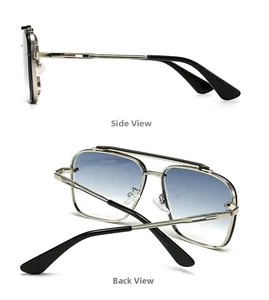 Detail view of silver metal pilot sunglasses with blue gradient lenses and side arms