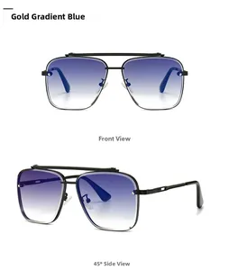 Detail view of modern aviator sunglasses with gold frames and blue gradient lenses