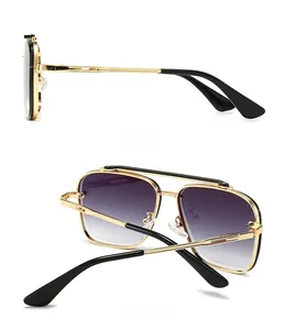 Detail view showing side and back angles of gold aviator sunglasses with purple gradient lenses