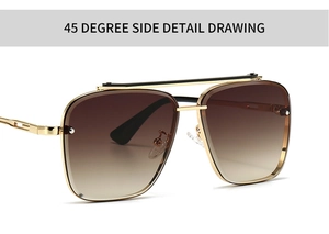 45-degree side view of oversized square aviator sunglasses with gold frames and brown lenses