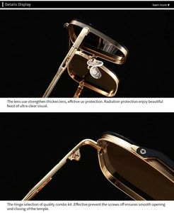 Close-up of golden metal frame hinges and reinforced UV protection lenses on sunglasses