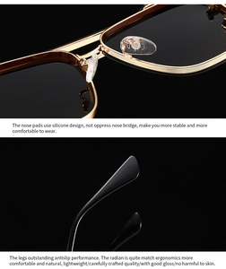 Detail of soft silicone nose pads and ergonomic temple tips for square sunglasses