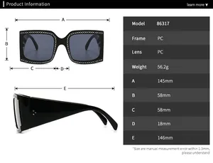 Gedetailleerde maattabel voor oversized zonnebril met strass en PC-montuur van model 86317