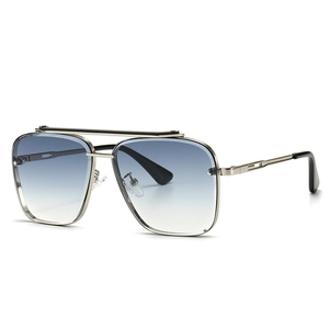 Modern retro square aviator sunglasses with silver metal frame and blue gradient lenses