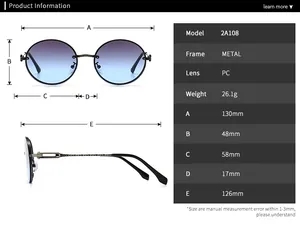 Tableau des tailles pour lunettes de soleil rétro avec mesures de monture et verres