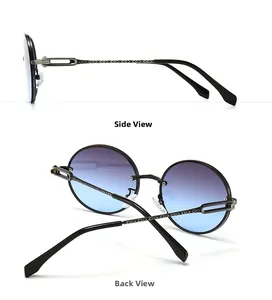 Vue latérale et arrière de lunettes de soleil rondes rétro avec verres dégradés et branches gravées