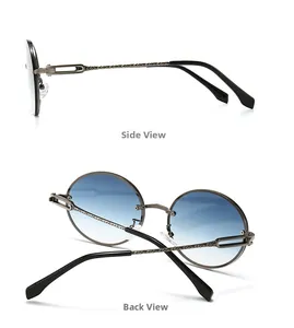 Vue détaillée de lunettes de soleil sans monture à dégradé bleu et branches gravées