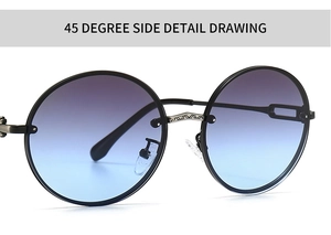 Détail macro de lunettes de soleil rondes rétro avec verres dégradés et pont gravé