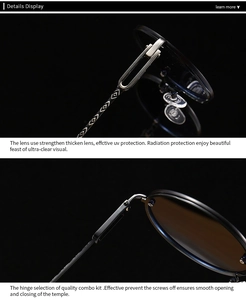 Détail macro de lunettes de soleil rétro montrant les verres UV400 et charnières